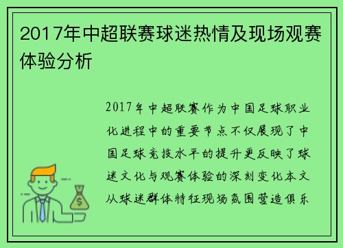 2017年中超联赛球迷热情及现场观赛体验分析
