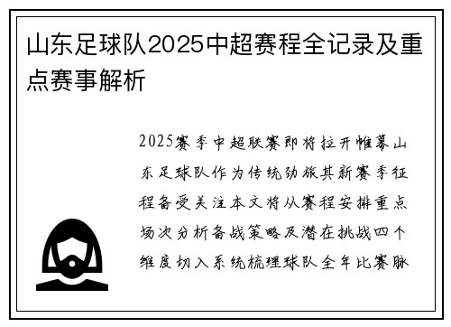 山东足球队2025中超赛程全记录及重点赛事解析