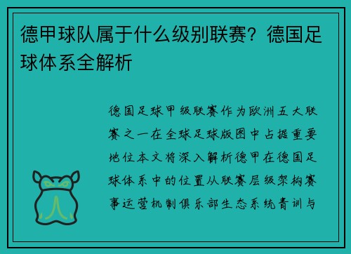 德甲球队属于什么级别联赛？德国足球体系全解析